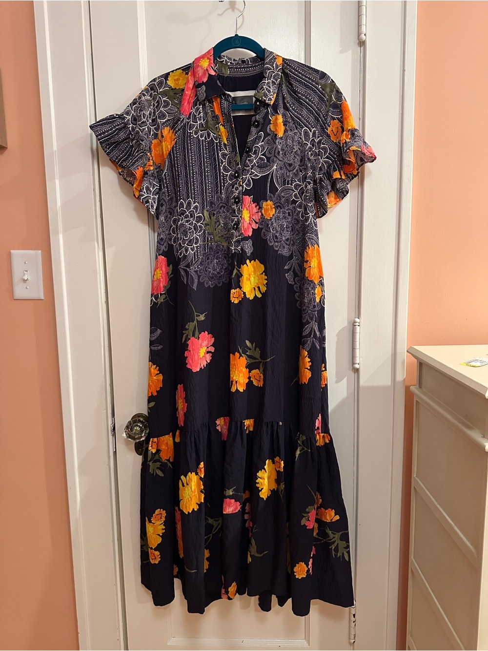 Anthropologie Navy Floral Tiered Dress w/ Blooms XXS FITS ME SIZE 4/6 see notes